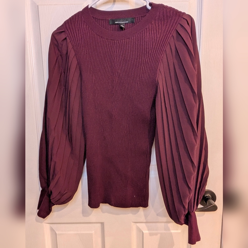 White House Black Market Burgundy Pleated-Sleeve Knit Top